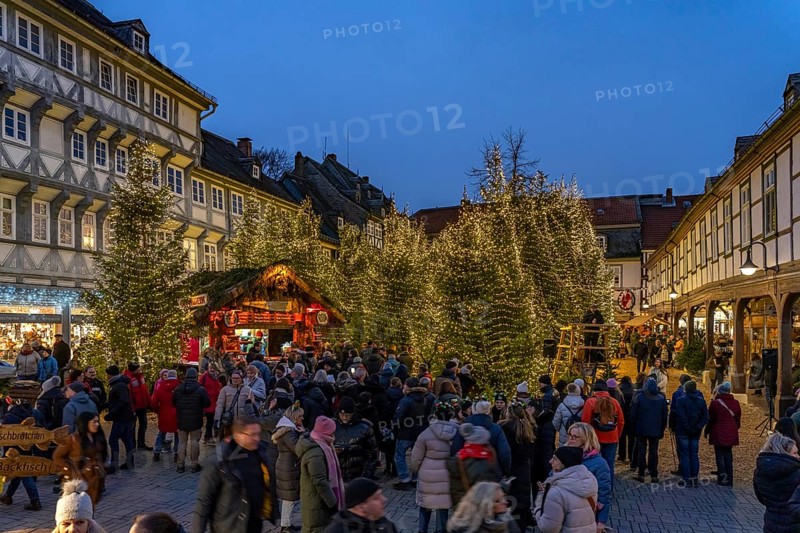 Christmas market and Christmas forest in the old town centre of Goslar at dusk, Lower Saxony, Germany