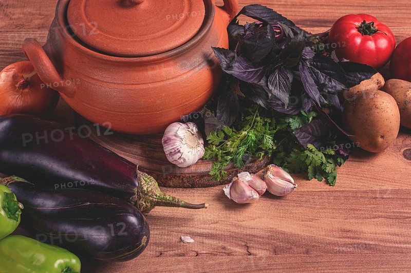 Clay pot, with ingredients, for cooking Chanakhi dishes, Georgian cuisine, no people