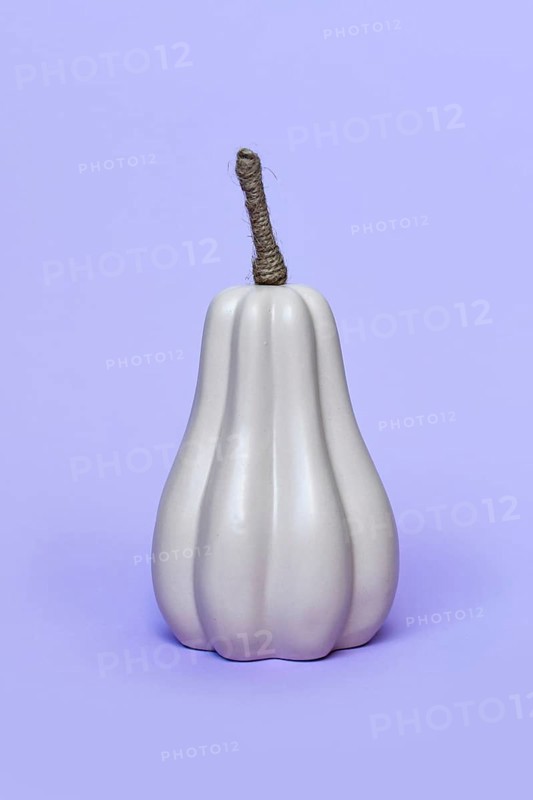 Single grey ceramic pumpkin ornament on purple background. Minimal autumn decoration object