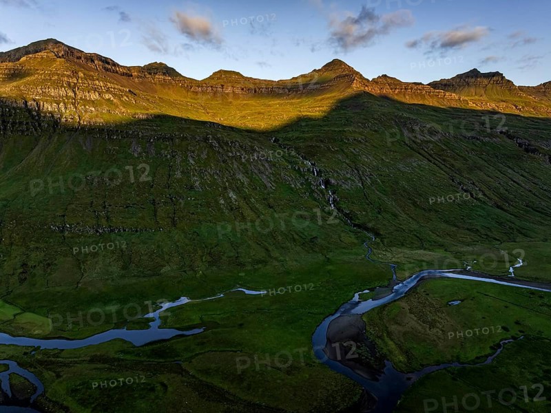 Mountains, morning light, river, river delta, river course, coast, summer, aerial view, Stodvarfjördur, East Fjords, Iceland
