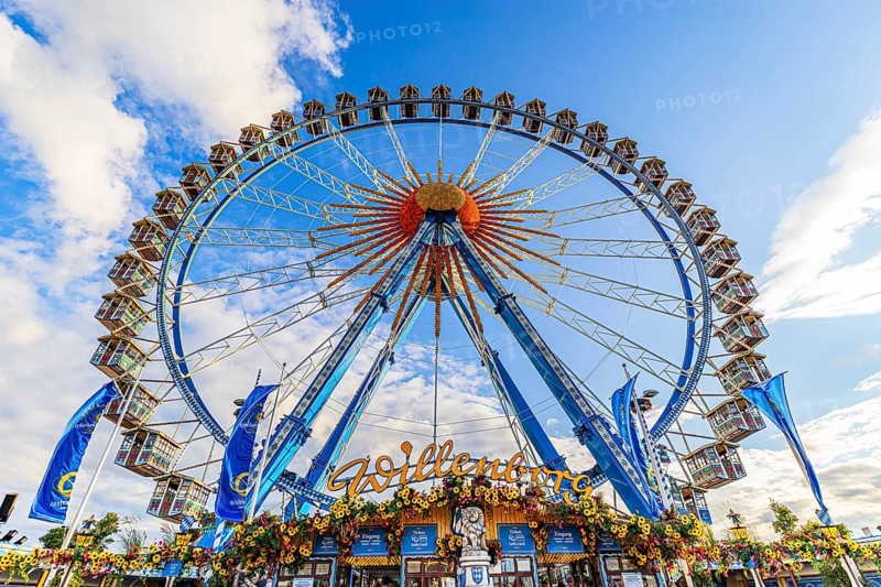 Ferris wheel in front of a white-blue sky, Festwiese, Theresienwiese, Oktoberfest, Munich, Upper Bavaria, Bavaria, Germany