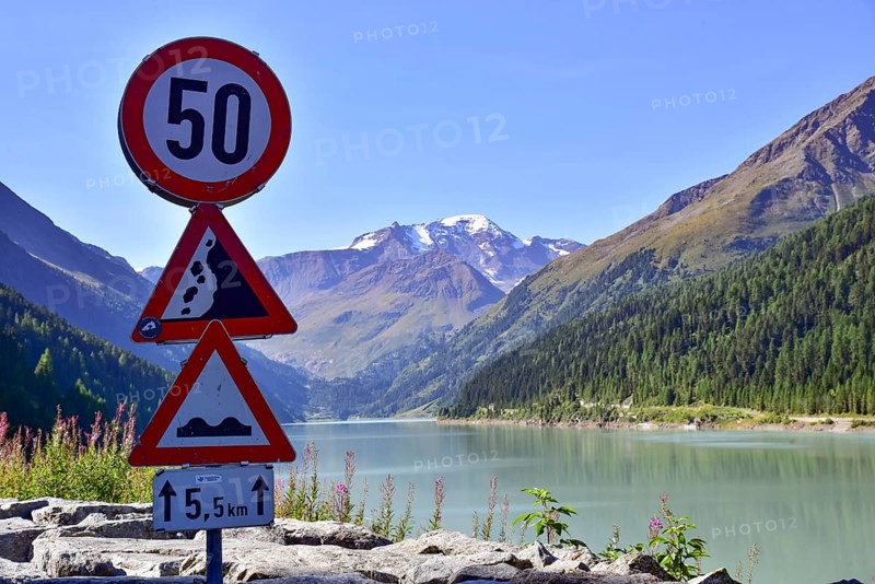 Reservoir in the Kaunertal in the Ötztal Alps, in the background the Weißseespitze (3498 m), Tyrol, Austria