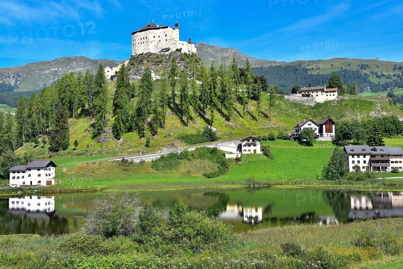 Tarasp Castle in the Lower Engadine above Lake Tarasp, Graubünden, Switzerland
