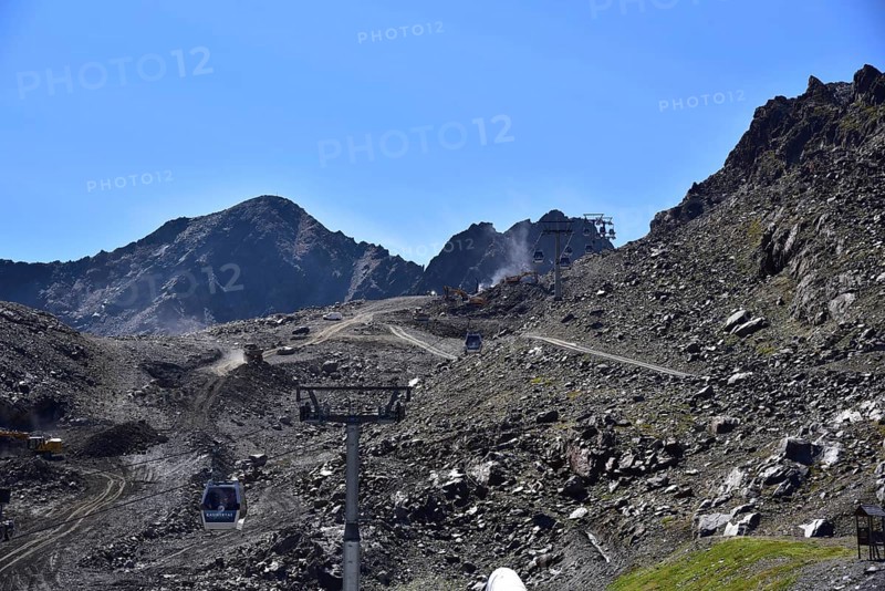 Piste work on the glacier ski area in the Kaunertal, above the Falginjochbahn valley station, Kaunertal, Tyrol, Austria