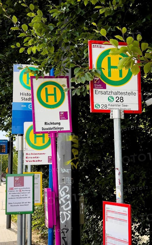 Many signs indicating rail replacement services due to construction work on Deutsche Bahn railway lines in Wuppertal, Germany