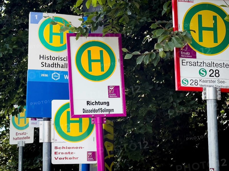 Many signs indicating rail replacement services due to construction work on Deutsche Bahn railway lines in Wuppertal, Germany