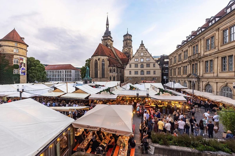 Stuttgart wine village, wine festival on Schillerplatz and Marktplatz in the centre of the state capital. Stuttgart, Baden-Württemberg, Germany