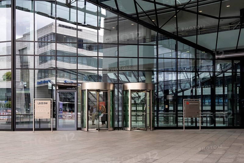 Landesbank Baden-Württemberg, LBBW. Exterior view with glass façade. Europaviertel Stuttgart, Baden-Württemberg, Germany