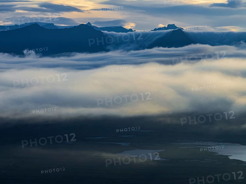 Fog, clouds, morning mood, mountains, aerial view, summer, Höfn, Iceland