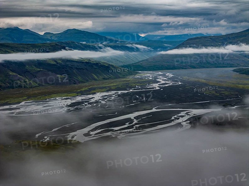 River, river course, river delta, mountains, clouds, summer, aerial view, Hvannagil, south-east Iceland, Iceland