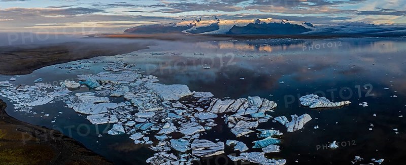 Ice floes, glacier, glacier tongue, fog, clouds, morning mood, mountains, panorama, reflection, aerial view, summer, glacier lagoon, Jökulsarlon, Vatnajökull, Iceland