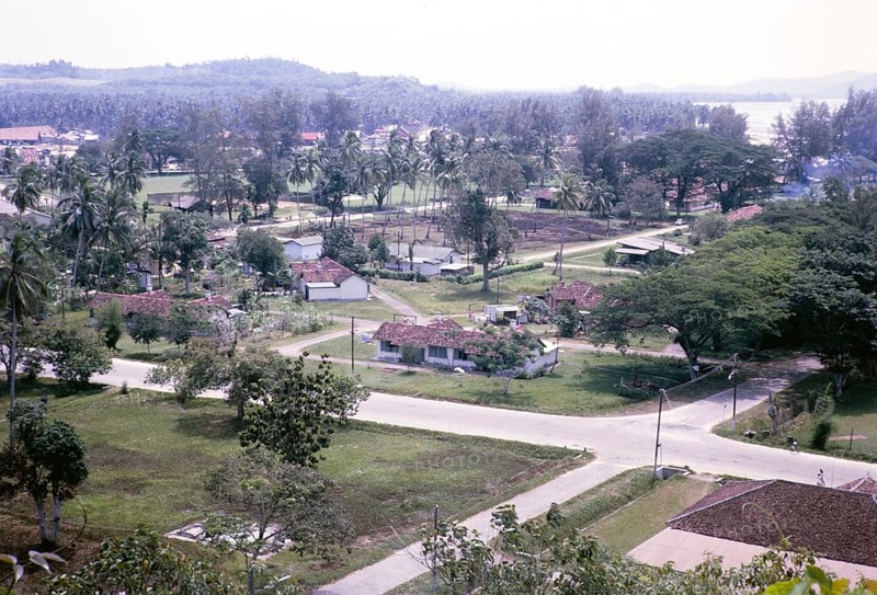 View over houses in coastal area near Mersing, Johor, Malaya, Malaysia, south east Asia 1964