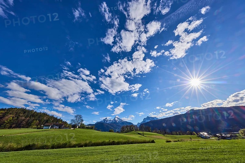 Landscape photography, mountain landscape, mountain Watzmann, Hochkalter, mountains, meadow, coniferous forest, trees, backlight of the sun, blue sky, cumulus clouds, Bischofswiesen, district Berchtesgadener Land, Bavaria, Germany