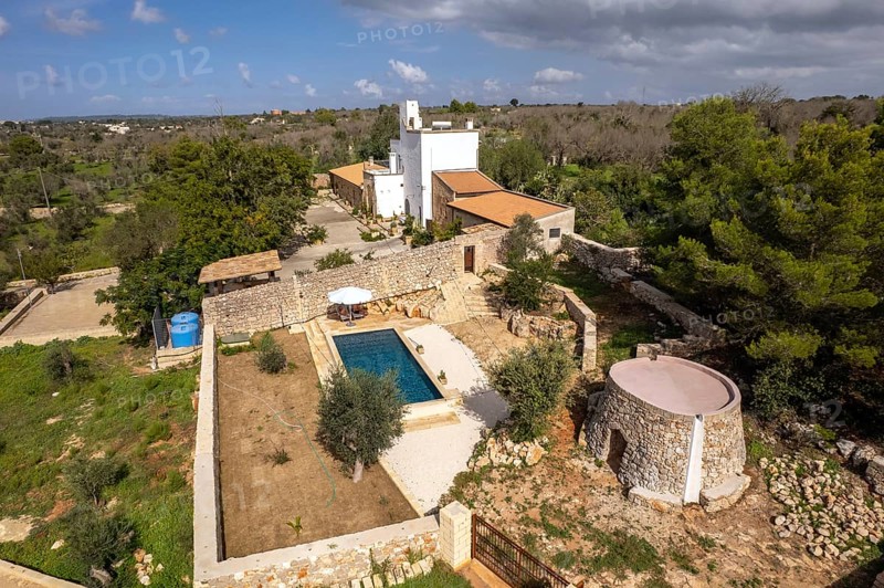 The typical farm Masseria Bianca in Taurisano seen from above, Apulia, Italy