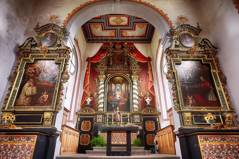 Interior view of the altar, St. Blasius Chapel, Burgrain near Willisau, Canton Lucerne, Switzerland