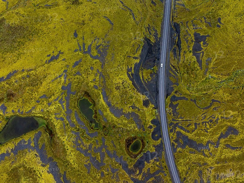 Road, curvy, car, cloudy, rainy, summer, aerial view, South Iceland, Iceland