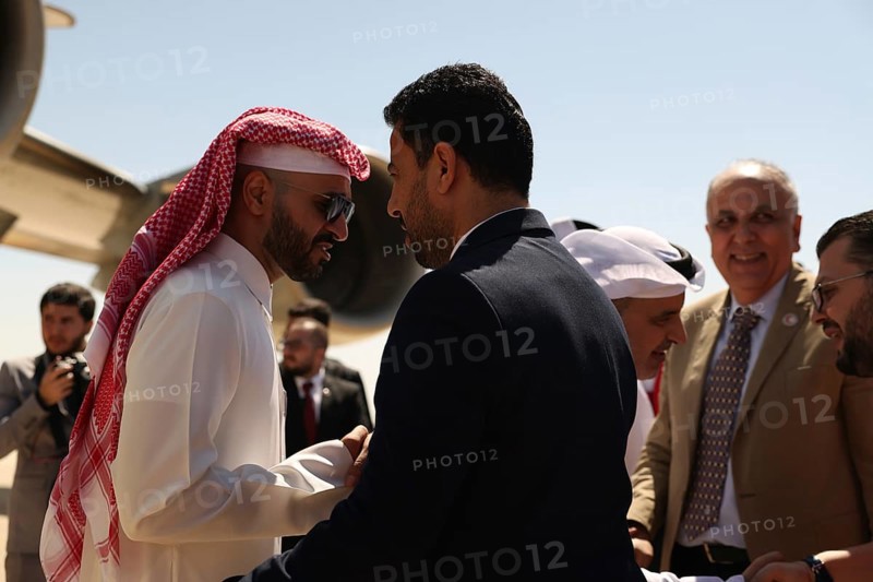 Syrian Health Minister Musab al-Omar welcomes a Qatari aircraft loaded with medical and humanitarian supplies at Damascus International Airport, part of Qatar's major aid to support Syria's recovery after the, Damascus, Damascus, Syria