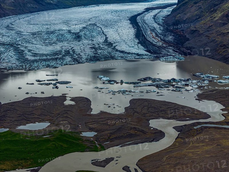 Glacier, glacier tongue, glacier lake, mountains, cloudy, aerial view, panorama, summer, Skaftafellsjökull, Skaftafell, Iceland
