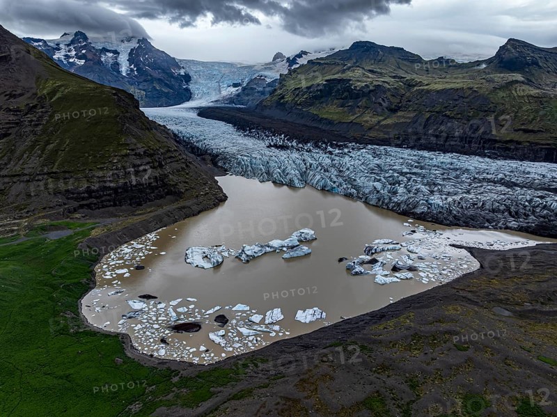 Glacier, glacier tongue, glacier lake, mountains, cloudy, aerial view, summer, Svinafellsjökull, Skaftafell, Iceland