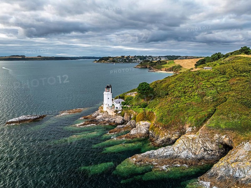 St Anthony Lighthouse from drone, Roseland peninsula, Head circular walk, Cornwall, UK
