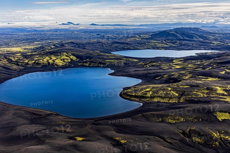 Lakes, mountains, mountain landscape, glacier, aerial view, sunny, summer, Langisjör, behind Vatnajökull, Icelandic Highlands, Iceland