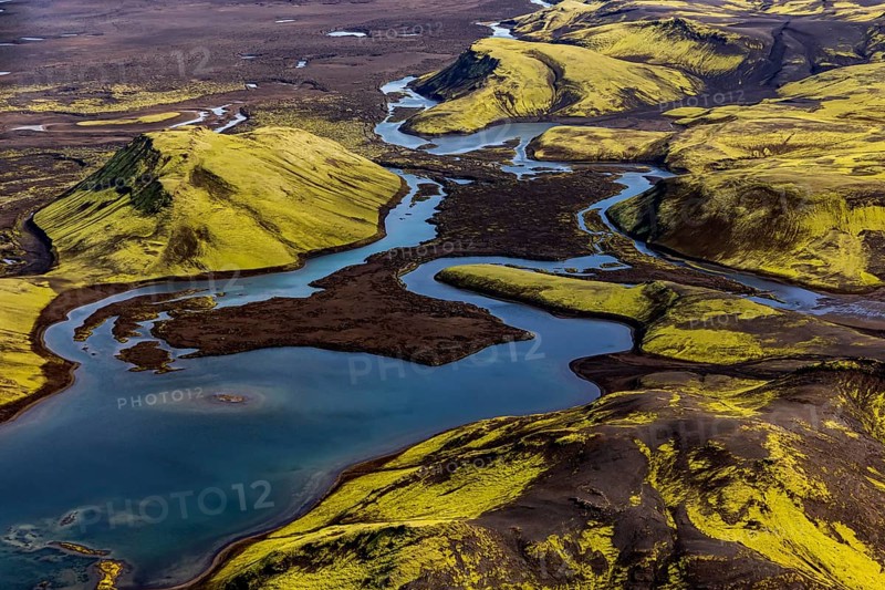 Lakes, river, mountains, mountain landscape, aerial view, sunny, summer, Langisjör, Icelandic Highlands, Iceland