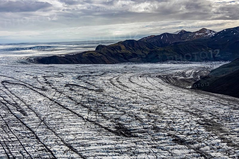 Glacier, crevasses, ice, aerial view, black ice, climate change, summer, mountains, Skeidararjökull, Skaftafell, Vatnajökull National Park, Iceland