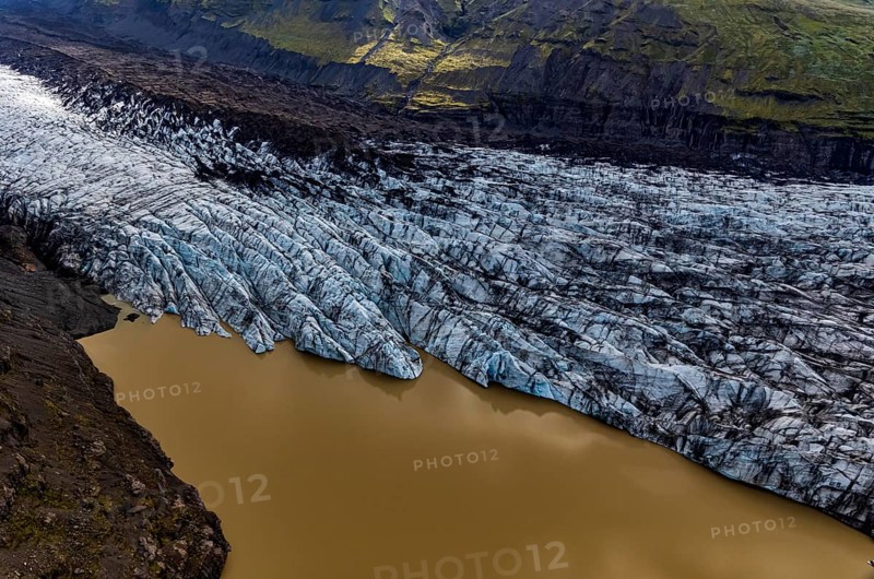 Glacier tongue, glacier edge, glacier, lake, glacier lagoon, aerial view, black ice, climate change, summer, Svinafellsjökull, Skaftafell, Vatnajökull National Park, Iceland