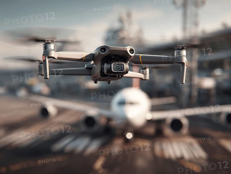 Ein Fernpilot steuert sein Quadrocopter, Drohne illegal über eine Rollbahn von einem Flughafen. Symbolbild für illegaler Drohnenbetrieb in der Flugverbotszone, Missachtung von Flugverbotszonen Kontrollierter Luftraum, Flugverbot, Betriebsverbot, gefährlicher Eingriff in den Luftverkehr, Flugverkehr, Luftfahrtrecht, AI generiert, AI generated