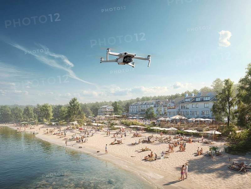 Ein Fernpilot steuert sein Quadrocopter, Drohne über einen dicht besetzten Badestrand, um illegale Videoaufnahmen oder Fotos zu erstellen, Symbolbild für unbefugtes Fotografieren von Personen, innerhalb eines geschützten, abgeschirmten Bereiches, Verletzung der Privatsphäre, Persönlichkeitsrechte, Missachtung von Flugverbotszonen, Flugverbot über Menschenmengen, Versammlungen, Datenschutz, AI generated