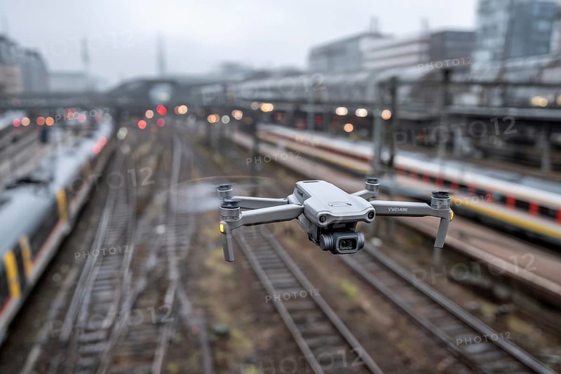 Ein Fernpilot steuert sein Quadrocopter, Drohne illegal über Bahnhofsgelände, Bahngelände, Bahnschienen, Symbolbild für illegaler Drohnenbetrieb über Bahnanlagen, kritische Infrastruktur, Kontrollierter Luftraum, Flugverbot, Betriebsverbot, gefährlicher Eingriff in den Bahnverkehr, AI generiert, AI generated