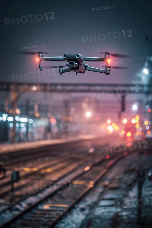 Ein Fernpilot steuert sein Quadrocopter, Drohne illegal über Bahnhofsgelände, Bahngelände, Bahnschienen, Symbolbild für illegaler Drohnenbetrieb über Bahnanlagen, kritische Infrastruktur, Kontrollierter Luftraum, Flugverbot, Betriebsverbot, gefährlicher Eingriff in den Bahnverkehr, AI generiert, AI generated