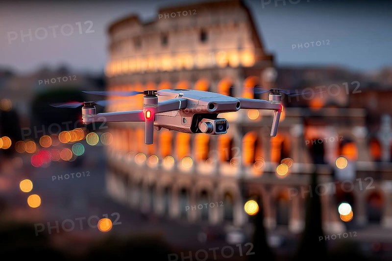 Ein Fernpilot steuert sein Quadrocopter, Drohne illegal über dichtbesiedeltes Stadtgebiet an einem touristischem Hotspot mit vielen Menschen, Symbolbild für illegaler Drohnenbetrieb über Menschenmengen, kritische Infrastruktur, Flugverbot, Betriebsverbot, Persönlichkeitsrechte, Eigentumsrechte, Urheberrechte, AI generiert, AI generated