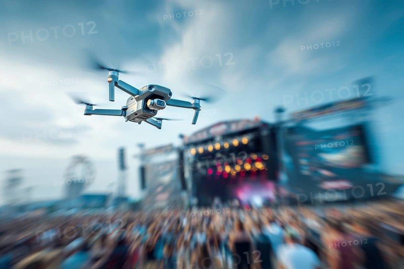 Ein Fernpilot steuert sein Quadrocopter, Drohne illegal über ein Open-Air Musik Konzert mit vielen Menschen, Symbolbild für illegaler Drohnenbetrieb über Menschenmengen, Missachtung von Flugverbotszonen, kritische Infrastruktur, Flugverbot, Betriebsverbot, Persönlichkeitsrechte, Eigentumsrechte, Urheberrechte, AI generiert, AI generated