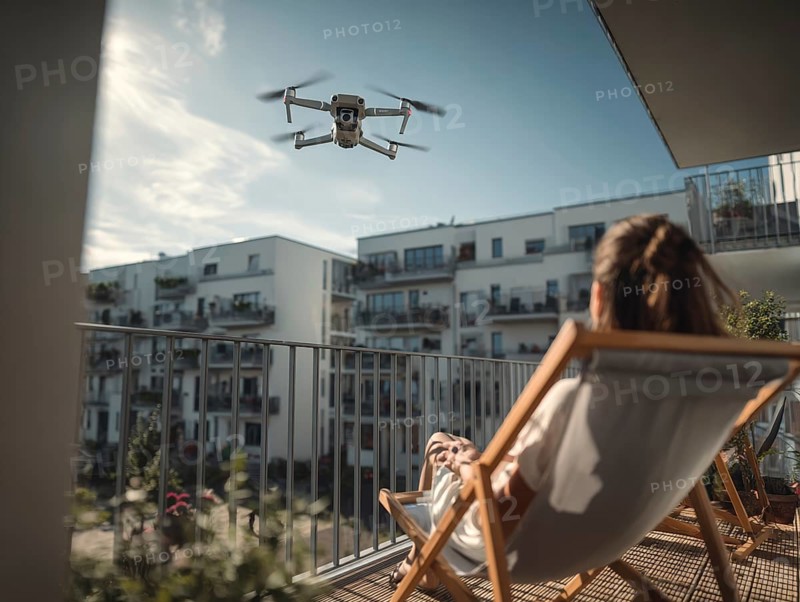 Ein Fernpilot steuert sein Quadrocopter, Drohne in einem dicht besiedeltem Wohngebiet und nähert sich sehr nahe an eine Person auf einer Terrasse um illegale Videoaufnahmen oder Fotos zu erstellen, Symbolbild für unbefugtes Fotografieren von Personen, innerhalb eines geschützten Bereiches, Verletzung der Privatsphäre, Persönlichkeitsrechte, Missachtung von Flugverbotszonen, Datenschutz, AI generiert, AI generated