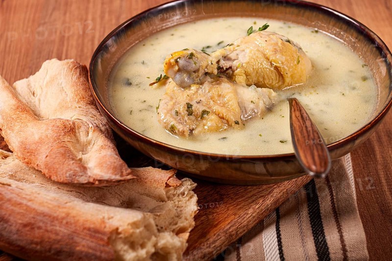 Chikhirtma chicken soup, Georgian dish, with lavash, top view, no people