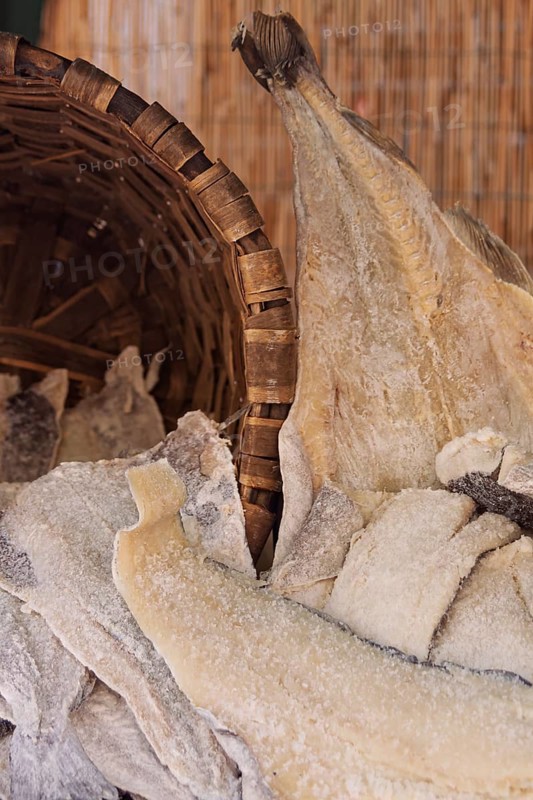 Dried fish, stockfish, weekly market market, farmers' market, Asciano, Crete Senesi, Tuscany, Italy