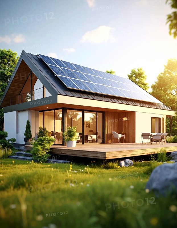 Residential house with solar panels on the roof, beautiful sunrise, AI generated
