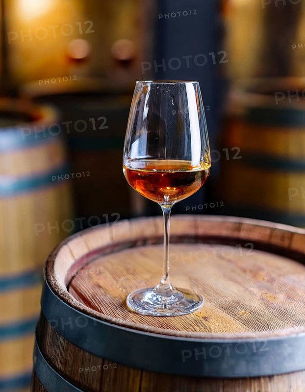 Glass of 10-year-old tawny wine placed on a barrel in a vineyard restaurant, AI generated