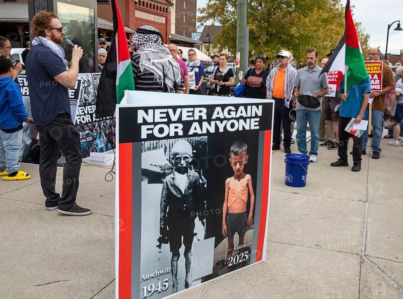 Detroit, Michigan USA - 23 August 2025 - Protesters rally at Eastern Market, banging empty pots to protest starvation in Gaza