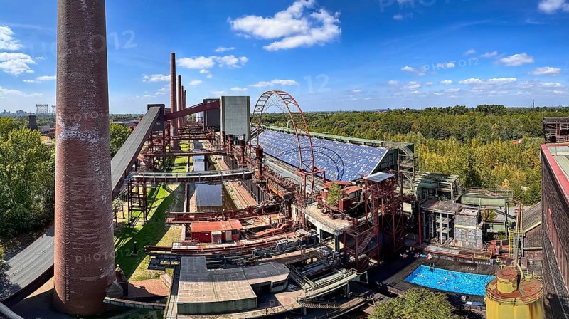 The Zollverein coking plant, on the right the works swimming pool, always in operation during the North Rhine-Westphalia summer holidays, former art object, now bathing fun against the backdrop of what was once the largest central coking plant in Europe, closed in 1993, part of the UNESC World Heritage Zollverein Coal Mine Industrial Complex, Essen, North Rhine-Westphalia, Germany