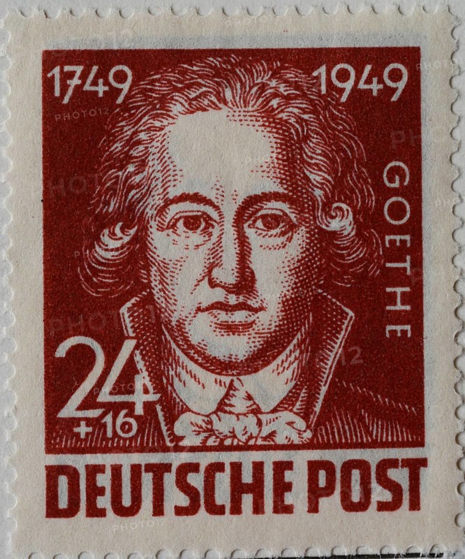 Johann Wolfgang von Goethe, a German writer and statesman, portrait on a German post stamp