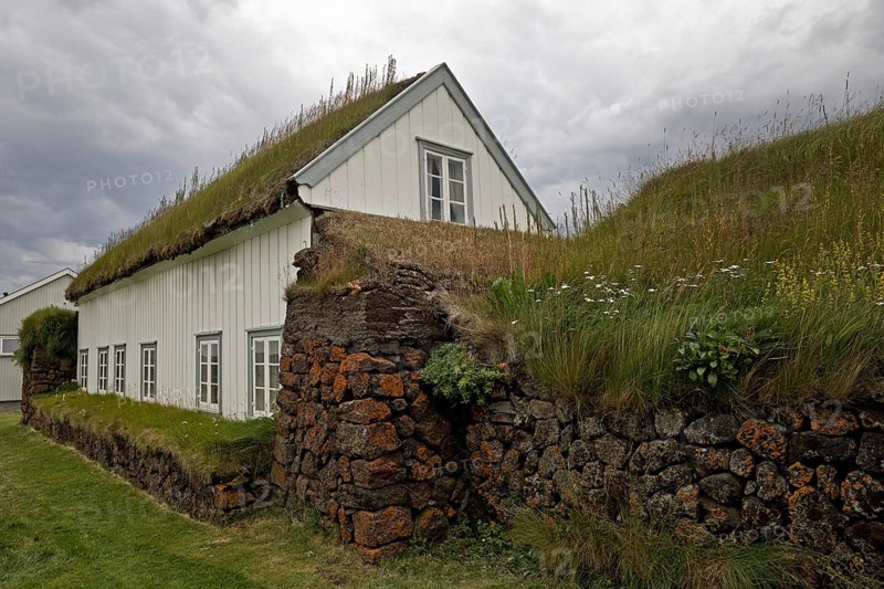 Grass sod house settlement Grenjadarstadur with church, Thingeyjarsveit municipality, North Iceland, Iceland