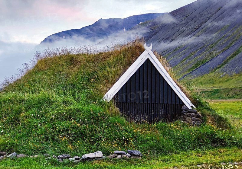 Traditional wooden hut with sod roof, Reykjadiskur, Iceland