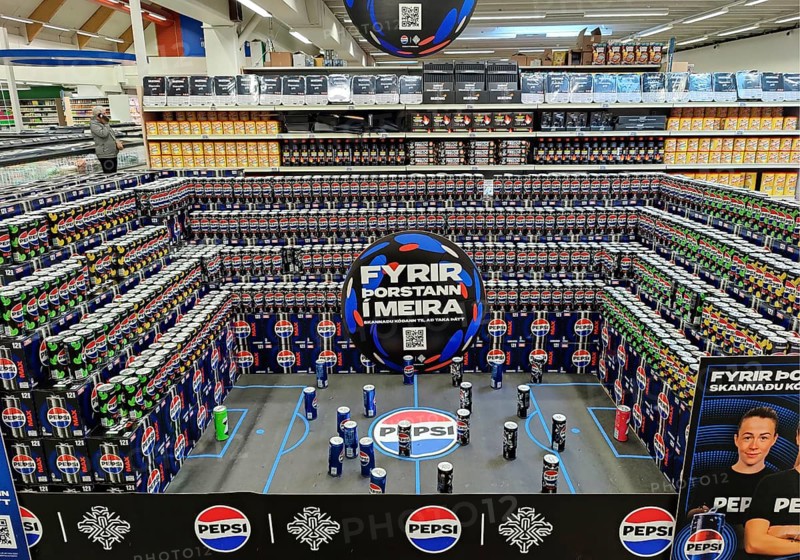 Football stadium built from beverage cans for the European Women's Championship in the supermarket, Keflavik, Reykjanesbær, Iceland