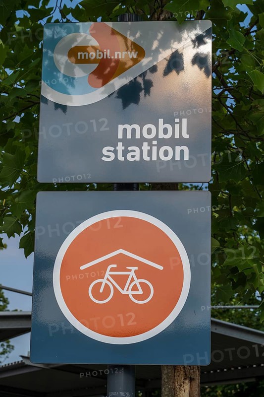 Sign with lettering and logo, mobil.North Rhine-Westphalia, mobil station, Covered bicycle parking, Rheda-Wiedenbrück, Westphalia, North Rhine-Westphalia, Germany