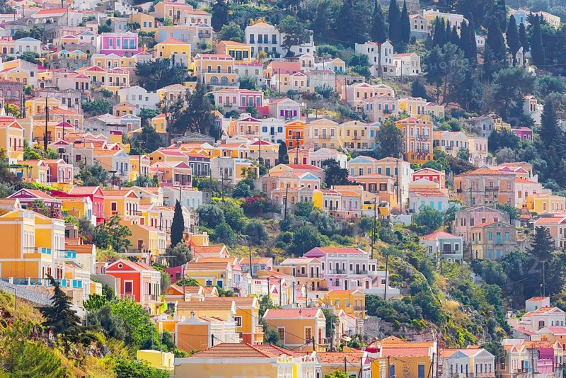 Colourful houses, Chorio, Symi Island, Dodecanese Islands, Greece