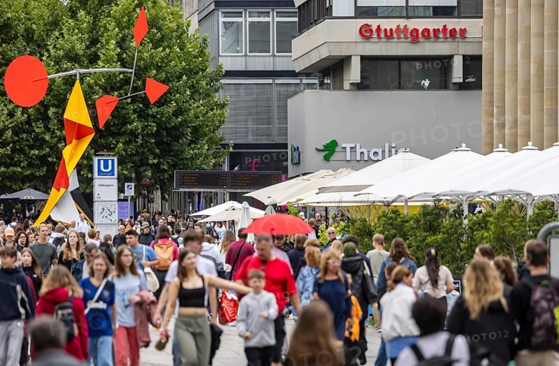 Crowd on the way in the shopping street. Königstraße pedestrian zone in Stuttgart, Baden-Württemberg, Germany