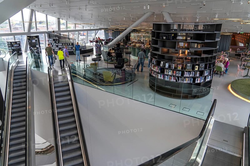 The Forum Groningen, public cultural and educational centre on the Nieuwe Markt, in the old town, with cinema, library, media labs, catering, roof terrace, study and reading areas, viewing points, 10 floors, connected by many escalators, Netherlands