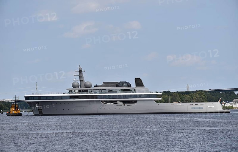The new superyacht COSMOS leaves the Lürssen shipyard near Rendsburg for the Kiel Canal, Kielkanal, Kiel Canal, Schleswig-Holstein, Germany